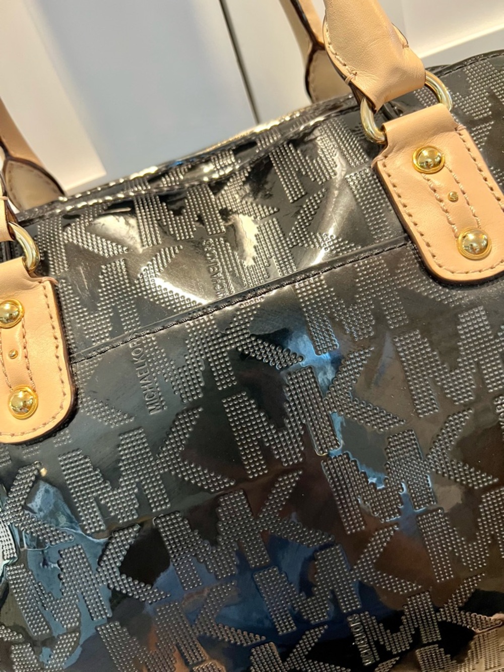 Michael Kors Patent Leather MK Monogram Dome Satchel with Cream Handles - Picture 3 of 12